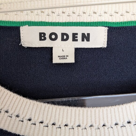 Boden Short Sleeve Emilia Cotton Knit Crew T-Shirt Sweater Navy Ecru Large EUC - Picture 4 of 8